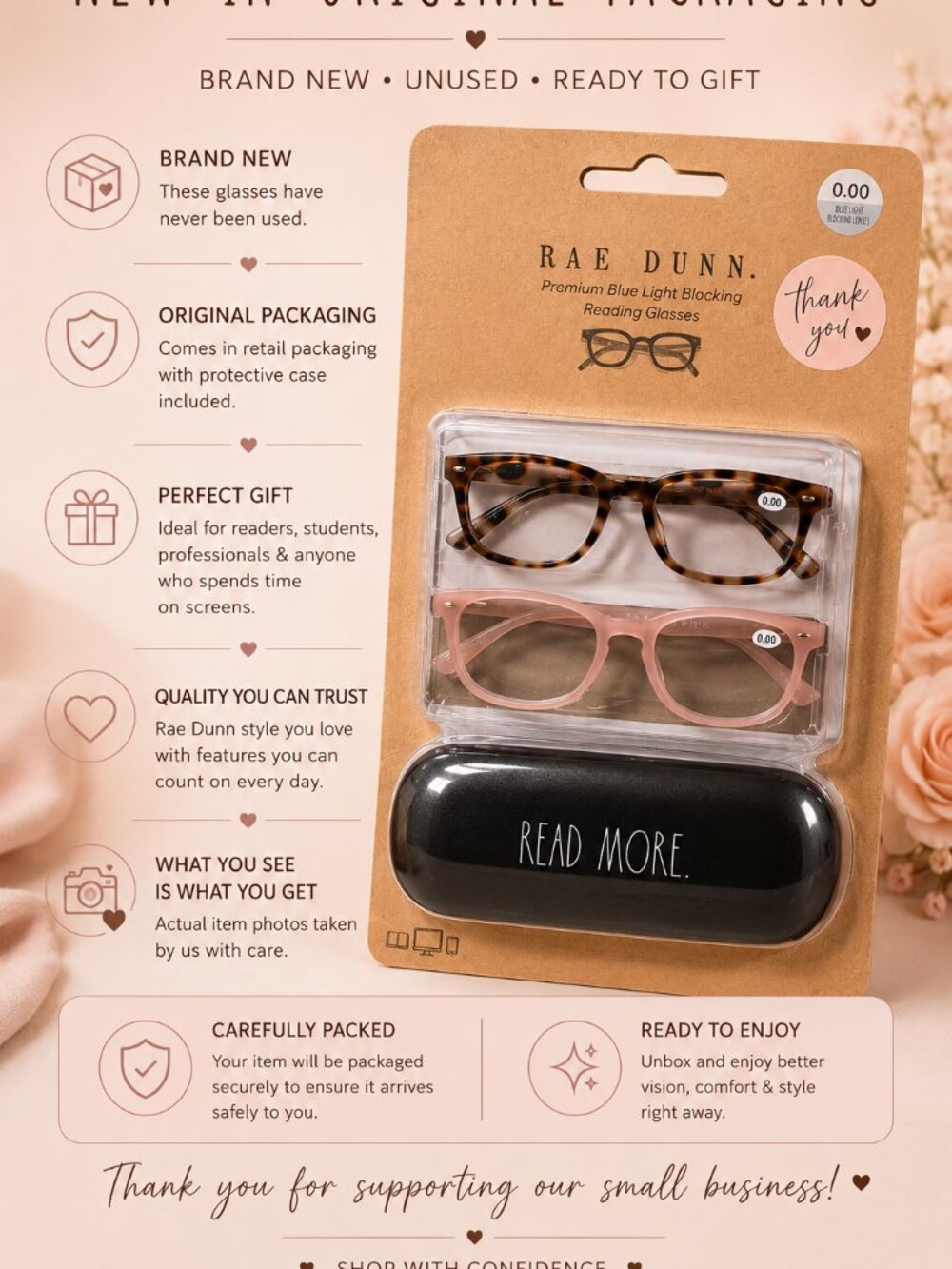 Rae Dunn Blue Light Blocking Glasses 2 Pair Pink Tortoise + Case 0.00 NWT - Picture 3 of 3